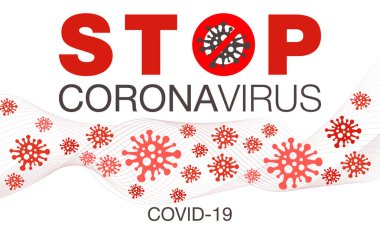 Coronavirus. Kes şunu! Covid-19. Enfeksiyon yok. Tehlikeli Coronavirus hücresi. Bakteriler. Dikkat et. Salgın. Pandemik tıbbi konsept. İzole Vektör Simgesi, Logo, İllüstrasyon.