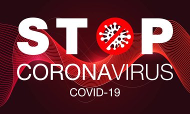 Coronavirus. Kes şunu! Covid-19. El salla. Enfeksiyon yok. Tehlikeli Coronavirus hücresi. Bakteriler. Dikkat et. Salgın. Pandemik tıbbi konsept. İzole Vektör Simgesi, Logo, İllüstrasyon.
