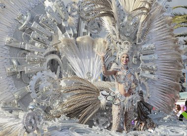 Santa Cruz De Tenerife, Kanarya Adaları - 13 Şubat 2018: karnaval grupları ve kostümlü karakterler, geçit töreni şehrin sokaklarında