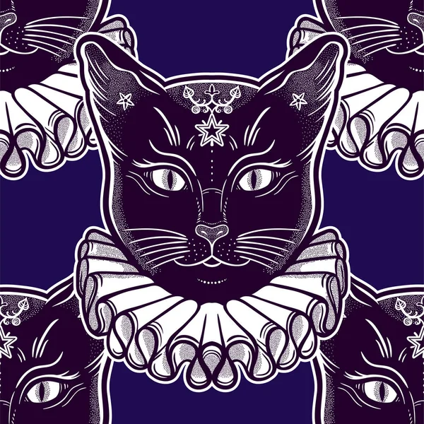 Schwarze Katze im Vintage-Halsband mit nahtlosem Muster. — Stockvektor