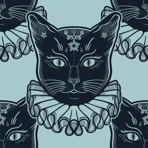 Schwarze Katze im Vintage-Halsband mit nahtlosem Muster. — Stockvektor