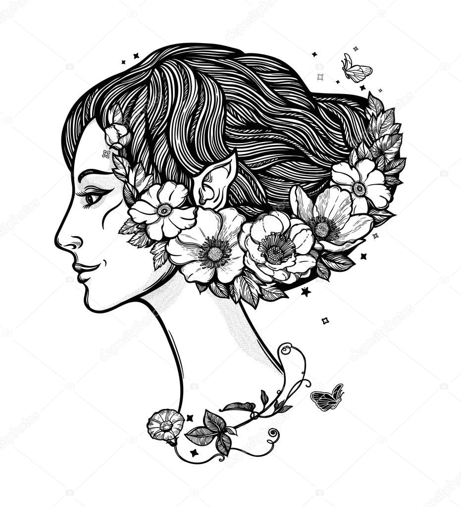 Portret of young girl witch with flowers. Magic forest nymph, mysterious character from fairy tales. Isolated vector illustration.
