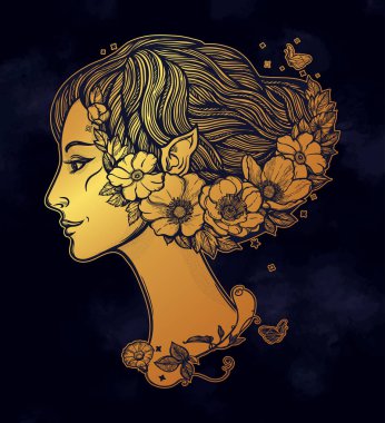 Çiçekli genç cadı kız Portret. Sihirli orman perisi, peri masallarındaki gizemli karakter. İzole vektör illüstrasyonu.