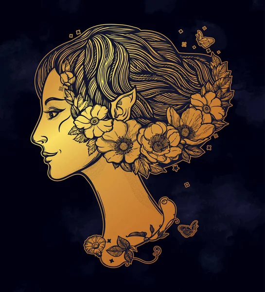 Retrato da jovem bruxa com flores. Ninfa da floresta mágica, personagem misterioso de contos de fadas. Ilustração vetorial isolada . —  Vetores de Stock