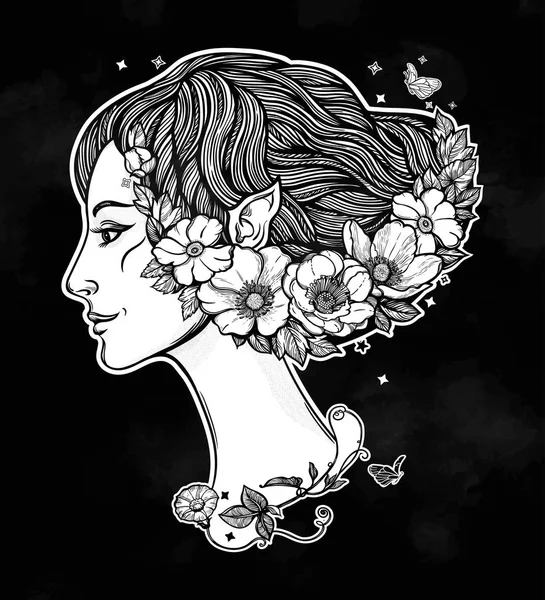Πορτοφόλι νεαρής μάγισσας με λουλούδια. Νύμφη του Μαγικού Δάσους, μυστηριώδης χαρακτήρας από παραμύθια. Απομονωμένη διανυσματική απεικόνιση. — Διανυσματικό Αρχείο