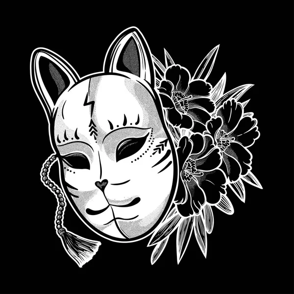 Japonská maska liška s květinami. Izolované vektorové umění. Tisk na plakát, karta, nálepka, tričko. — Stockový vektor