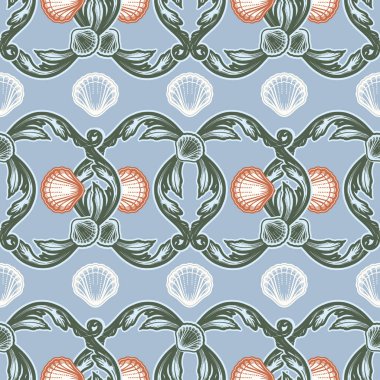 Kabukları ile güzel seamless modeli. Barok dövme tarzı desen. Vektör doku duvar kağıdı, tekstil, kumaş için.