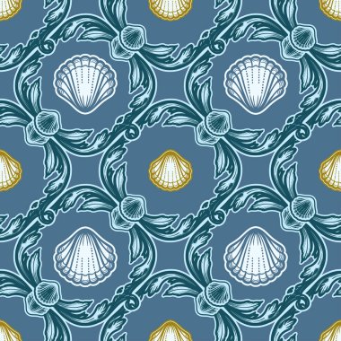 Kabukları ile güzel seamless modeli. Barok dövme tarzı desen. Vektör doku duvar kağıdı, tekstil, kumaş için.