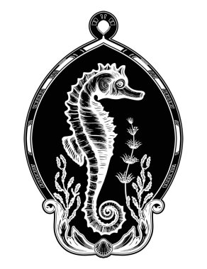 Deniz bitkileri ile el çekilmiş deniz atı. Vintage vektör çizim.