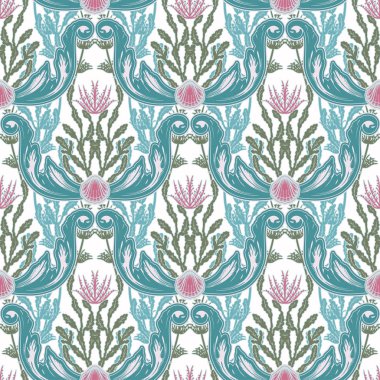 Deniz bitkileri ile güzel Dikişsiz desen. Deniz tarzı desen. Vektör doku duvar kağıtları, tekstil, kumaş için.