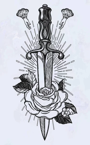 Tradicional tatuaje rosa con cuchillo . — Archivo Imágenes Vectoriales