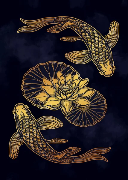 Carpa Koi de peces étnicos con flores de loto de agua — Vector de stock