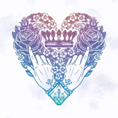 Kalbin içinde zarif gül çiçekleri ile eller .