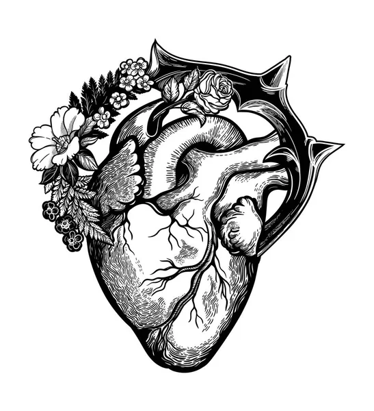 Натуральное сердце в раме из цветов и шипов. Векторная иллюстрация изолирована. Татуировка дизайн, модный символ романтики для вашего использования. — стоковый вектор