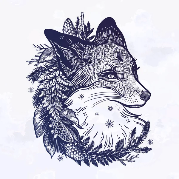 En räv med en krans av barr träds växter. Drömmande magi konst. Natt, natur, Wicca symbol. Isolerad vektor illustration. Stor utomhus, tatuering och t-shirt design. — Stock vektor