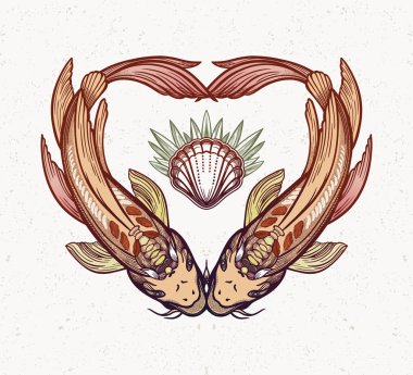 Kalp şeklinde iki sazan, uyumun sembolü. Vektör illüstrasyon izole. Dövme için manevi sanat.