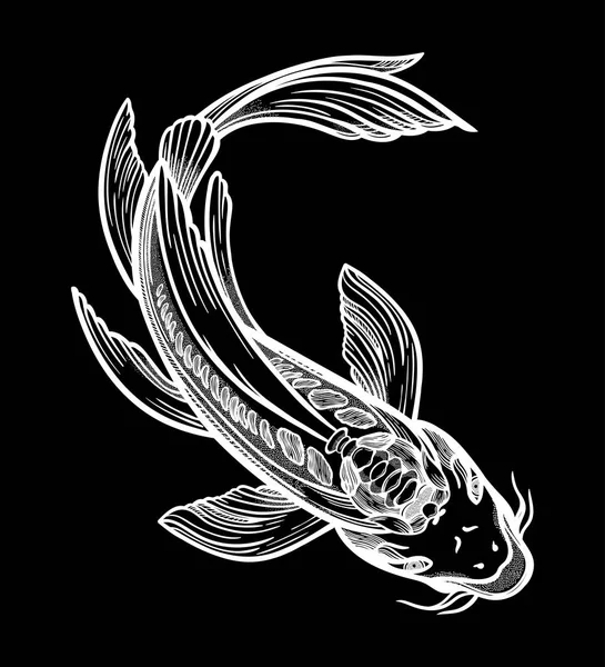 Ręcznie rysowane etniczne ryby karp Koi-symbol harmonii, mądrości. Ilustracja wektorowa na białym tle. Sztuka duchowa do tatuażu. Pięknie szczegółowy, spokojny. — Wektor stockowy