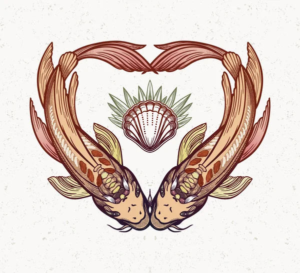 Twee karpen in de vorm van een hart, symbool van harmonie. Vector illustratie geïsoleerd. Spirituele kunst voor Tattoo. — Stockvector