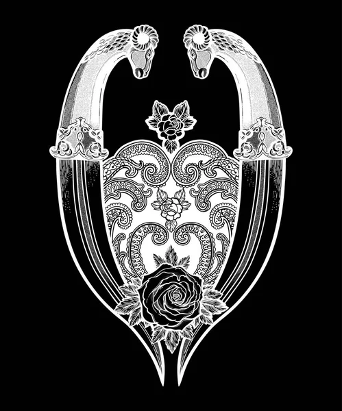 Tattoo Flash steeg met twee dolken. Romantische vlees kunst Festival poster. Vector illustratie geïsoleerd. Tattoo Design, muziek, occulte symbool voor uw gebruik. — Stockvector