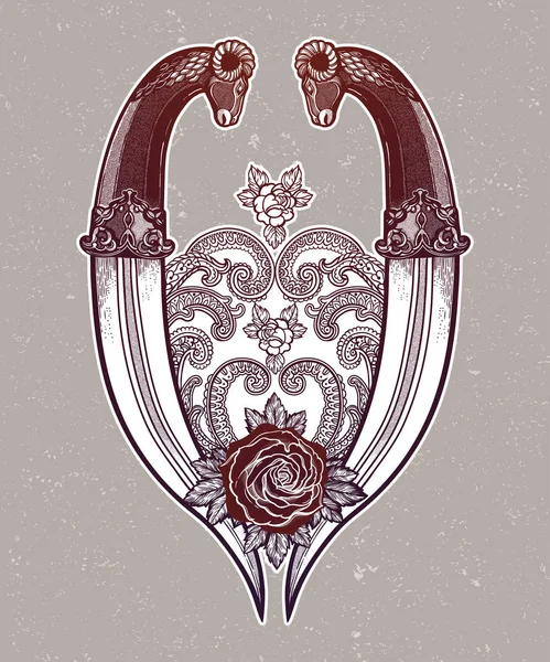 Tatouage flash rose avec deux poignards. Affiche du festival d'art de la chair romantique. Illustration vectorielle isolée. Tatouage design, musique, symbole occulte pour votre utilisation . — Image vectorielle