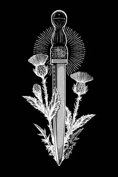 Traditionele Tattoo Flash distel met Schotland Dagger-Dirk. Romantische vlees kunst Festival poster. Schotland nationaal symbool van eer en moed. Vector illustratie geïsoleerd. — Stockvector