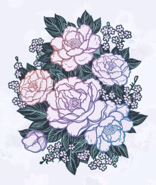 Şakayık lar ya da güller. Çiçek vintage buket . Oryantal tarzı. Vektör illüstrasyon sanatı. Tasarım tekstil, duvar kağıdı, kart için.