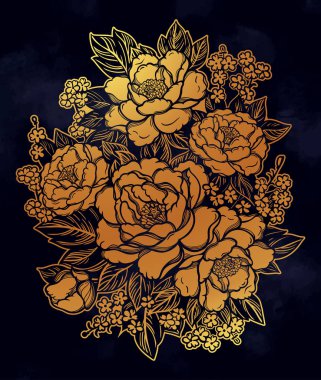 Şakayık lar ya da güller. Çiçek vintage buket . Oryantal tarzı. Vektör illüstrasyon sanatı. Tasarım tekstil, duvar kağıdı, kart için.