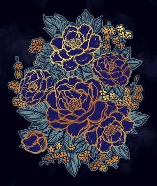 Şakayık lar ya da güller. Çiçek vintage buket . Oryantal tarzı. Vektör illüstrasyon sanatı. Tasarım tekstil, duvar kağıdı, kart için.