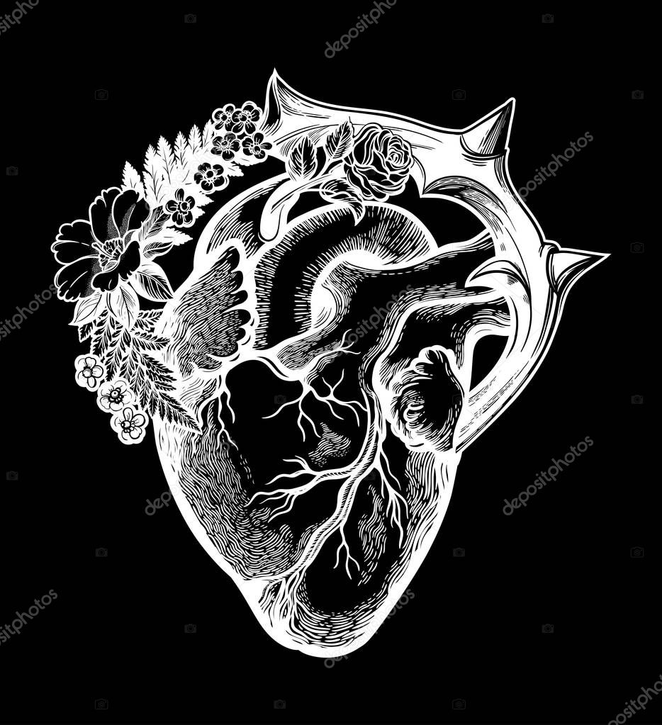 Naturalistic heart in a frame of flowers and thorns.Vintage gothic style inspired art. Vector illustration isolated. Tattoo design, trendy romance symbol for your use.