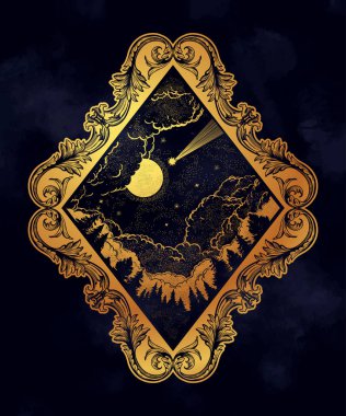 Orman ve gece gökyüzü bir rhombus şeklinde