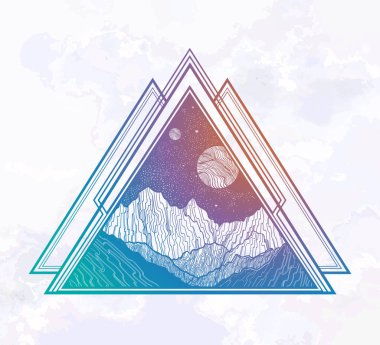 Bir üçgen şeklinde dağlar manzara ile Gece gökyüzü. İzole vintage vektör illüstrasyon. Davet. Dövme, seyahat, macera, açık hava sembolü.