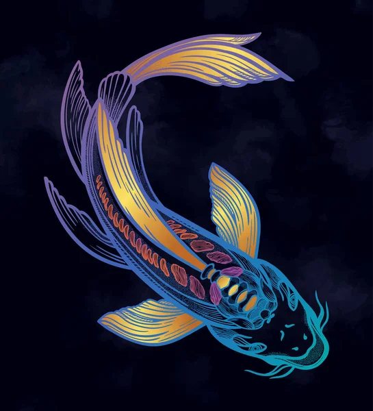 Hand drawn ethnic fish Koi carp - symbol of harmony, wisdom. Vector illustration isolated. Spiritual art for tattoo. Beautifully detailed, serene. — Stock Vector