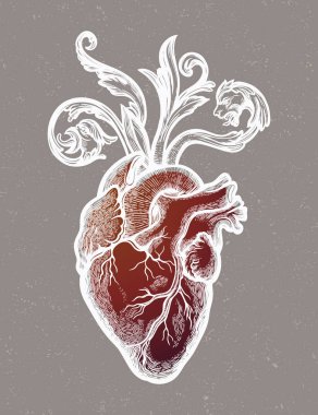 Çiçek ve dikenli bir çerçevedeki doğal kalp. Klasik gotik stil sanattan esinlenmiştir. Vektör illüstrasyonu izole edildi. Dövme tasarımı, kullanım için moda romantizm sembolü.