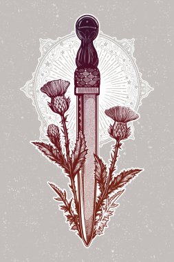İskoçya hançer ile Geleneksel dövme flaş devedikeni - dirk. Romantik et sanat festivali afişi. İskoçya onur ve cesaretin ulusal sembolü. Vektör illüstrasyon izole.