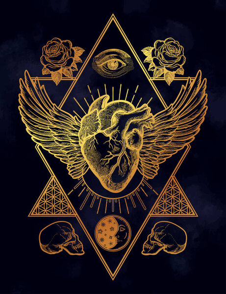 Декоративное натуралистическое сердце в священной рамке.