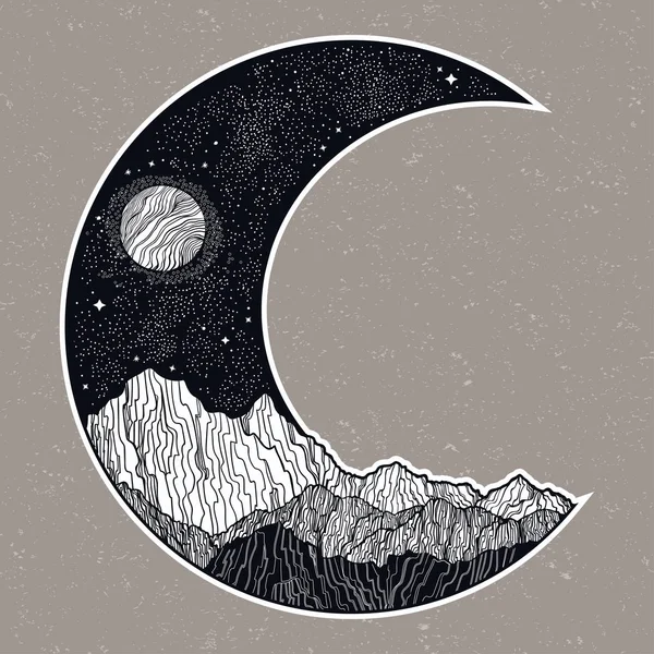 초승달의 형태로 밤 하늘과 산 풍경. 격리된 벡터 그림입니다. 초대. 문신, 여행, 모험, 야외 복고풍 기호. — 스톡 벡터