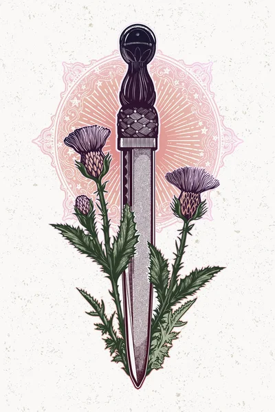 Traditionele Tattoo Flash distel met Schotland Dagger-Dirk. Romantische vlees kunst Festival poster. Schotland nationaal symbool van eer en moed. Vector illustratie geïsoleerd. — Stockvector