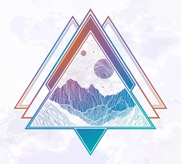 Noční obloha s horskou krajinou ve tvaru trojúhelníku. Ukázka izolovaného ročníku. Pozvání. Tetování, cestování, dobrodružství, venkovní symbol. — Stockový vektor