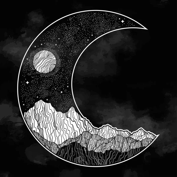 Cielo nocturno y montañas paisaje en forma de luna creciente. Ilustración vectorial aislada. Invitación. Tatuaje, viajes, aventura, al aire libre símbolo retro . — Archivo Imágenes Vectoriales