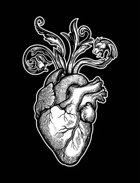 Coeur naturaliste dans un cadre de fleurs et d'épines. Style gothique vintage inspiré de l'art. Illustration vectorielle isolée. Conception de tatouage, symbole romantique à la mode pour votre utilisation. — Image vectorielle