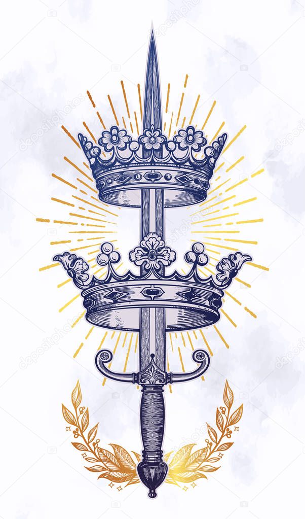 Ornate crowns pierced by the sword. Vintage gothic style inspired art. Vector illustration isolated. Tattoo design, trendy romance symbol for your use.