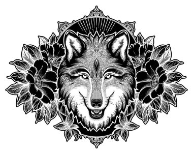 Dağ manzarasının arka planında bir kurdun portresi. Rüya gibi sihirli sanat. Gece, doğa, wicca sembolü. Yalıtılmış vektör illüstrasyon. Büyük açık hava, dövme ve t-shirt tasarımı.