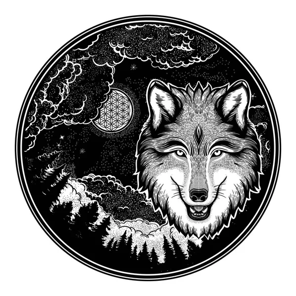 Porträtt av en varg på en bakgrund av bergslandskapet. Drömmande magisk konst. Natt, natur, Wicca symbol. Isolerad vektor illustration. Stor utomhus, tatuering och t-shirt design. — Stock vektor