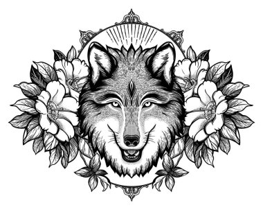 Dağ manzarasının arka planında bir kurdun portresi. Rüya gibi sihirli sanat. Gece, doğa, wicca sembolü. Yalıtılmış vektör illüstrasyon. Büyük açık hava, dövme ve t-shirt tasarımı.