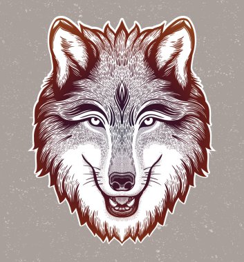 Bir kurdun başı. Rüya gibi sihirli sanat. Gece, doğa, wicca sembolü. Yalıtılmış vektör illüstrasyon. Büyük açık havada, dövme tasarımı.