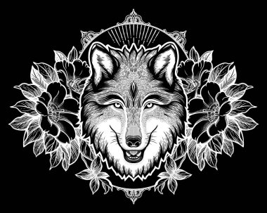 Dağ manzarasının arka planında bir kurdun portresi. Rüya gibi sihirli sanat. Gece, doğa, wicca sembolü. Yalıtılmış vektör illüstrasyon. Büyük açık hava, dövme ve t-shirt tasarımı.