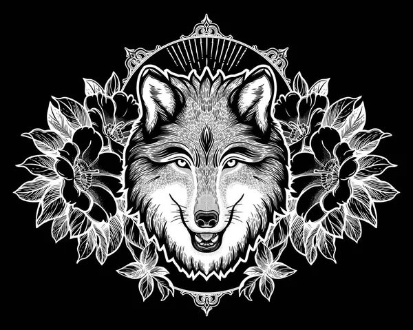 Portrait of a wolf on a background of mountain landscape.Dreamy magic art. Night, nature, wicca symbol. Isolated vector illustration. Great outdoors, tattoo and t-shirt design. — Stock Vector