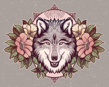 Dağ manzarasının arka planında bir kurdun portresi. Rüya gibi sihirli sanat. Gece, doğa, wicca sembolü. Yalıtılmış vektör illüstrasyon. Büyük açık hava, dövme ve t-shirt tasarımı.