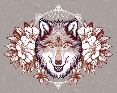 Dağ manzarasının arka planında bir kurdun portresi. Rüya gibi sihirli sanat. Gece, doğa, wicca sembolü. Yalıtılmış vektör illüstrasyon. Büyük açık hava, dövme ve t-shirt tasarımı.