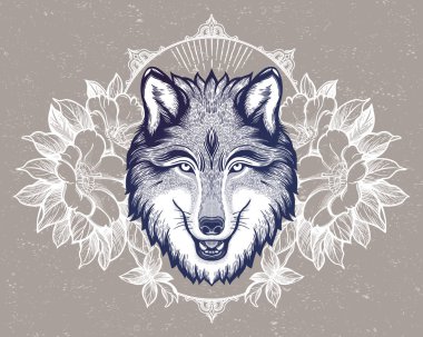 Dağ manzarasının arka planında bir kurdun portresi. Rüya gibi sihirli sanat. Gece, doğa, wicca sembolü. Yalıtılmış vektör illüstrasyon. Büyük açık hava, dövme ve t-shirt tasarımı.